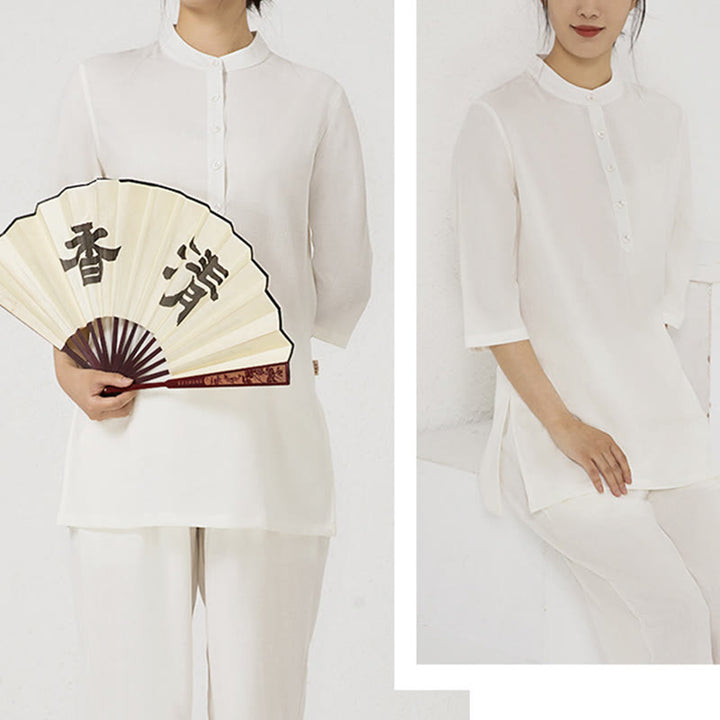 Buddha Stones 2 szt. Jednolity kolor Trzy czwarte koszula Top spodnie Medytacja Zen Tai Chi bawełna len odzież damska zestaw