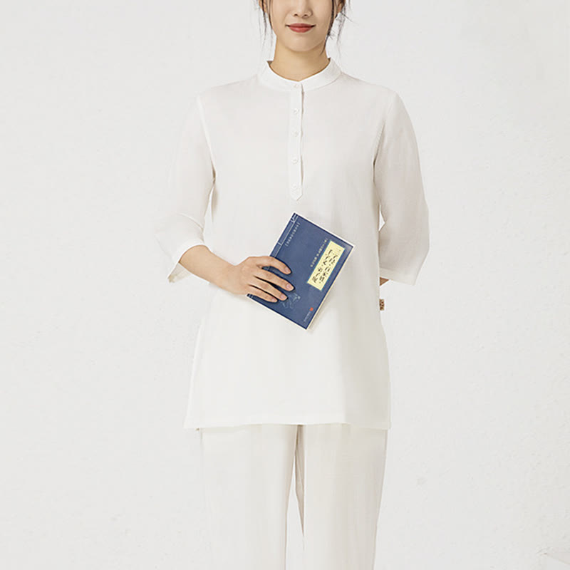 Buddha Stones 2 szt. Jednolity kolor Trzy czwarte koszula Top spodnie Medytacja Zen Tai Chi bawełna len odzież damska zestaw