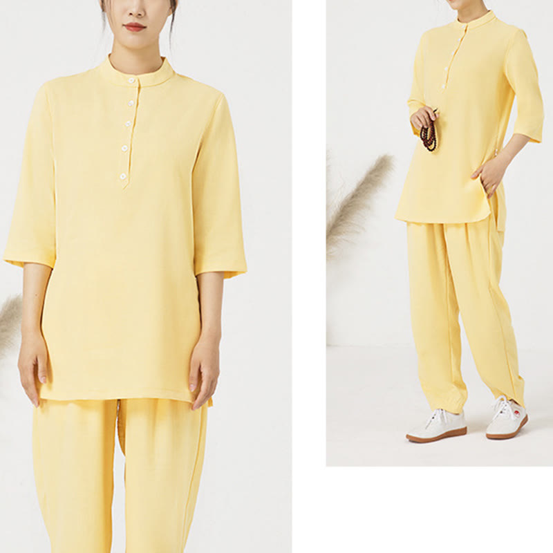 Buddha Stones 2 szt. Jednolity kolor Trzy czwarte koszula Top spodnie Medytacja Zen Tai Chi bawełna len odzież damska zestaw