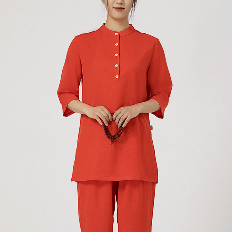 Buddha Stones 2 szt. Jednolity kolor Trzy czwarte koszula Top spodnie Medytacja Zen Tai Chi bawełna len odzież damska zestaw