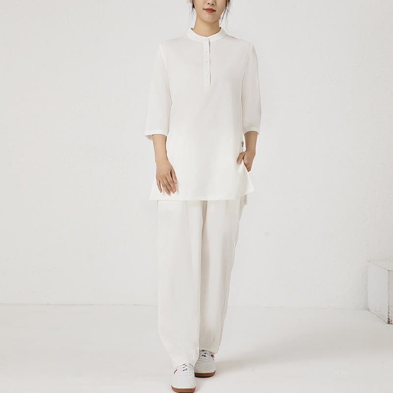 Buddha Stones 2 szt. Jednolity kolor Trzy czwarte koszula Top spodnie Medytacja Zen Tai Chi bawełna len odzież damska zestaw