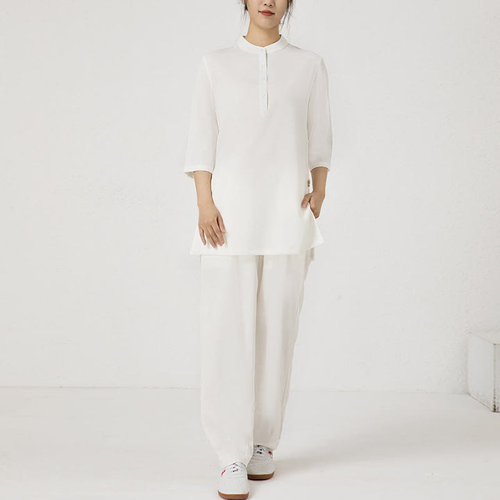 Buddha Stones 2 szt. Jednolity kolor Trzy czwarte koszula Top spodnie Medytacja Zen Tai Chi bawełna len odzież damska zestaw