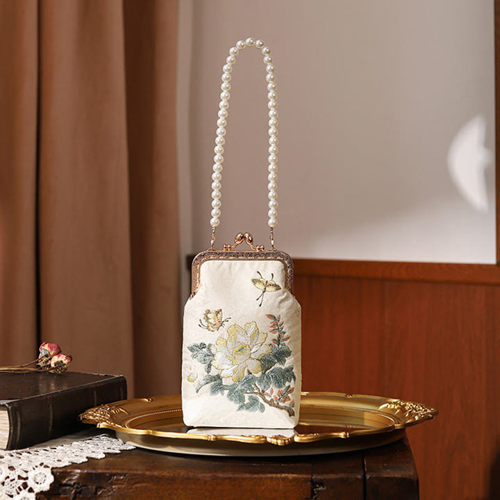Buddha Stones Małe Kwiaty Motyl Haft Perłowy Metalowy Łańcuch Torba Na Ramię Torebka Crossbody Torba Na Telefon Komórkowy