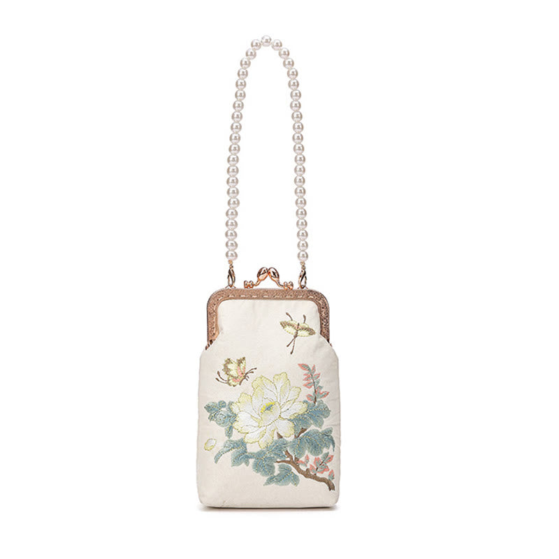 Buddha Stones Małe Kwiaty Motyl Haft Perłowy Metalowy Łańcuch Torba Na Ramię Torebka Crossbody Torba Na Telefon Komórkowy