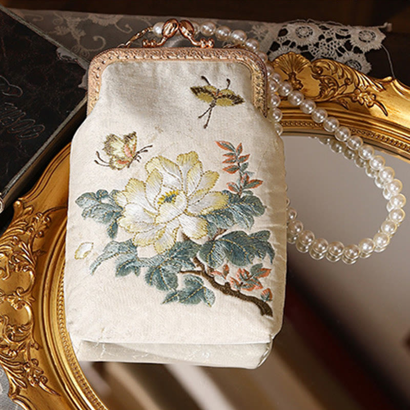 Buddha Stones Małe Kwiaty Motyl Haft Perłowy Metalowy Łańcuch Torba Na Ramię Torebka Crossbody Torba Na Telefon Komórkowy