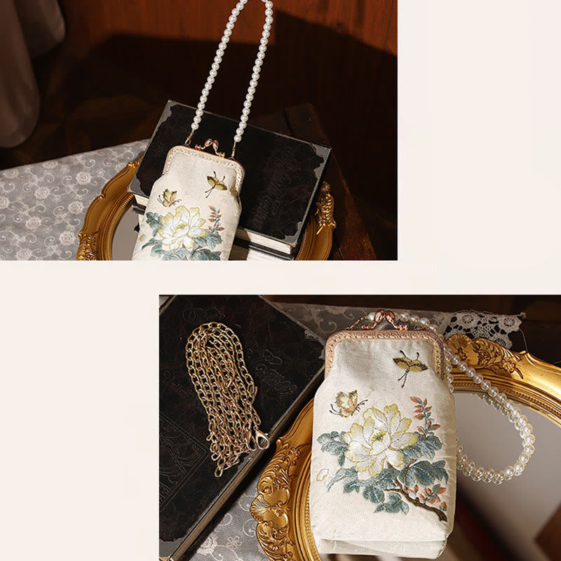 Buddha Stones Małe Kwiaty Motyl Haft Perłowy Metalowy Łańcuch Torba Na Ramię Torebka Crossbody Torba Na Telefon Komórkowy