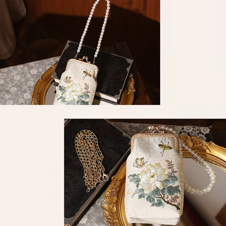 Buddha Stones Małe Kwiaty Motyl Haft Perłowy Metalowy Łańcuch Torba Na Ramię Torebka Crossbody Torba Na Telefon Komórkowy