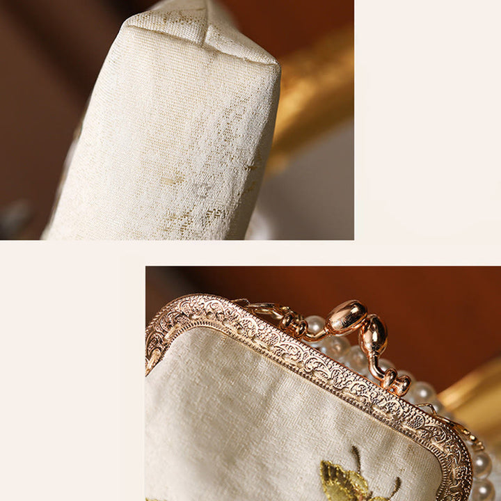 Buddha Stones Małe Kwiaty Motyl Haft Perłowy Metalowy Łańcuch Torba Na Ramię Torebka Crossbody Torba Na Telefon Komórkowy