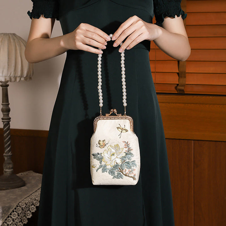Buddha Stones Małe Kwiaty Motyl Haft Perłowy Metalowy Łańcuch Torba Na Ramię Torebka Crossbody Torba Na Telefon Komórkowy