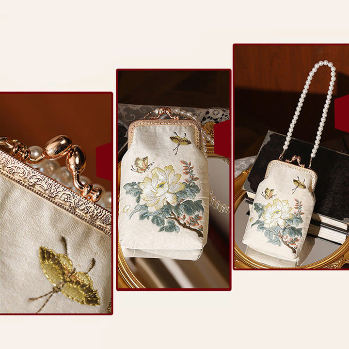 Buddha Stones Małe Kwiaty Motyl Haft Perłowy Metalowy Łańcuch Torba Na Ramię Torebka Crossbody Torba Na Telefon Komórkowy