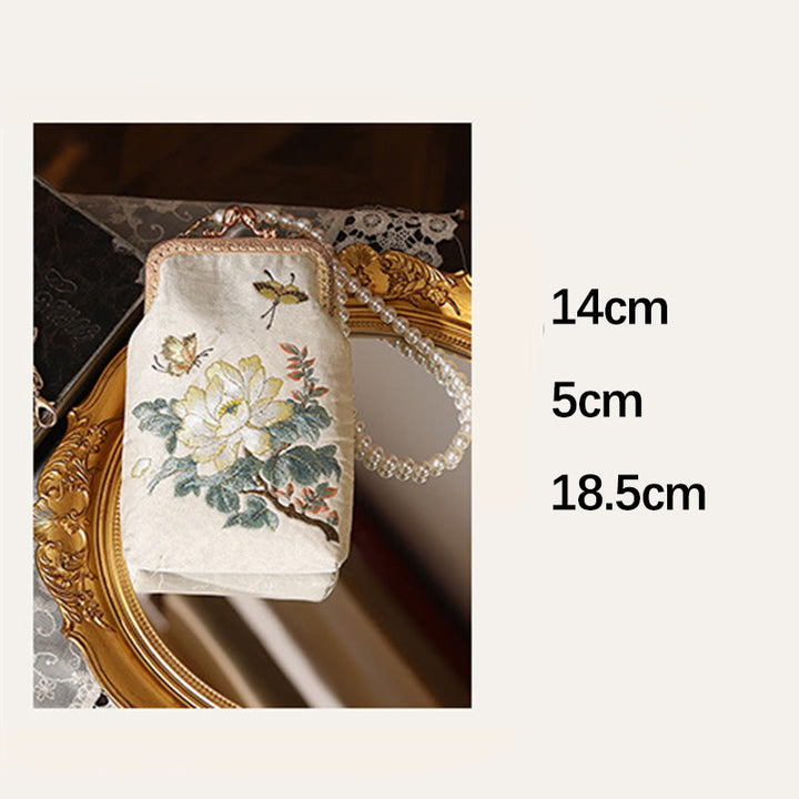 Buddha Stones Małe Kwiaty Motyl Haft Perłowy Metalowy Łańcuch Torba Na Ramię Torebka Crossbody Torba Na Telefon Komórkowy