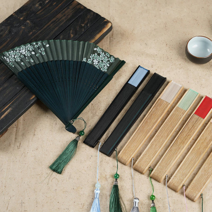 Buddha Stones Prosty Kwiat Wiśniowy Pusty Grawerowany Ręczny Składany Wachlarz Bambusowy