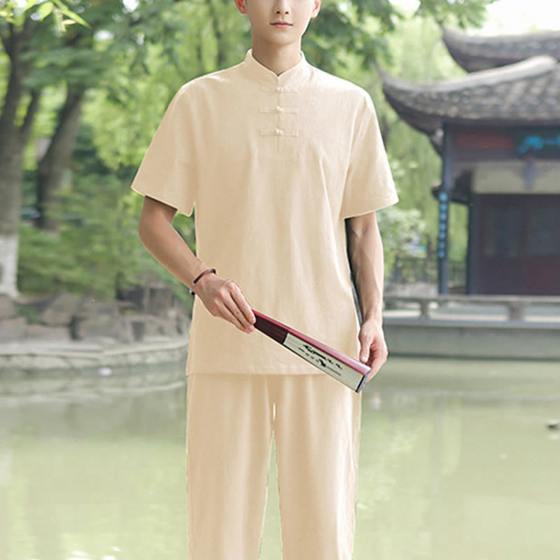 Buddha Stones 2 szt. męska koszulka z krótkim rękawem top T-shirt spodnie medytacja zen tai chi bawełna lniana odzież zestaw - Beżowy (top i spodnie) - US/UK/AU48， EU58 (6XL) - image 8