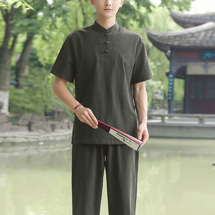 Buddha Stones 2 szt. męska koszulka z krótkim rękawem top T-shirt spodnie medytacja zen tai chi bawełna lniana odzież zestaw - Ciemnozielony (tylko góra) - US/UK/AU48， EU58 (6XL) - image 10