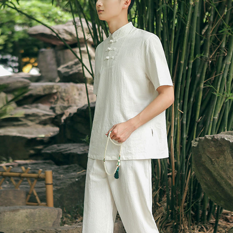 Buddha Stones 2 szt. męska koszulka z krótkim rękawem top T-shirt spodnie medytacja zen tai chi bawełna lniana odzież zestaw - image 1
