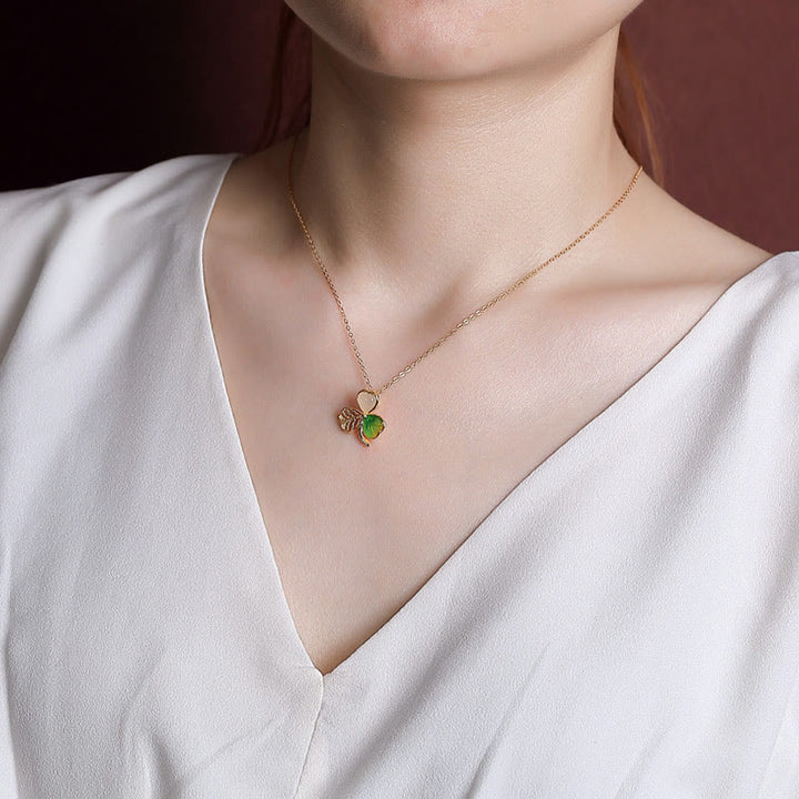 Buddha Stones 925 Srebro Sterlingowe Pozłacane Hetian Jade Szczęście Koniczyna Naszyjnik Wisiorek Kolczyki