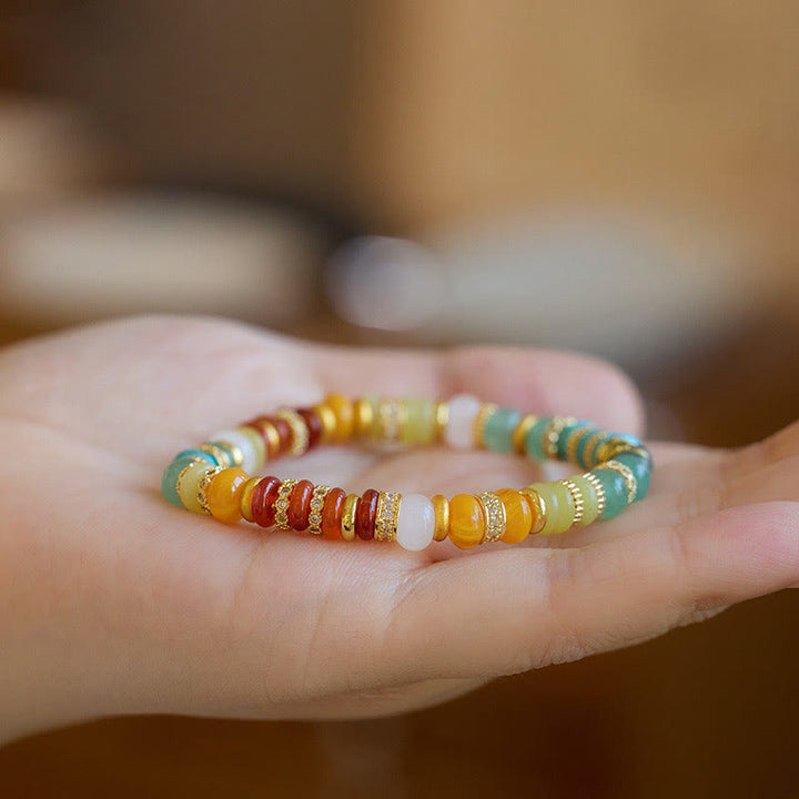 Buddha Stones Bransoletka z naturalnego czerwonego agatu i tęczowego jadeitu zapewniająca pewność siebie