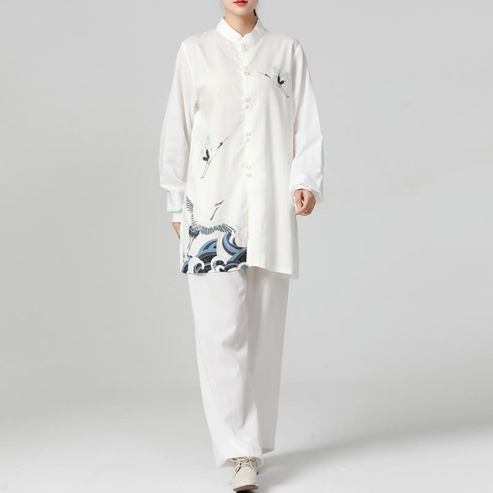 Buddha Stones Białe Żurawie Morze Bawełna Len Medytacja Modlitwa Duchowy Zen Tai Chi Qigong Praktyka Odzież Zestaw - image 2