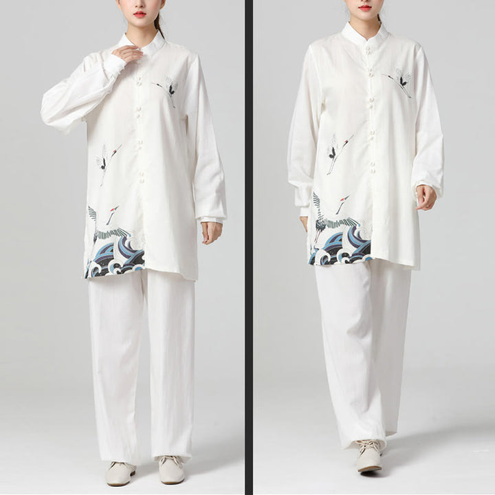 Buddha Stones Białe Żurawie Morze Bawełna Len Medytacja Modlitwa Duchowy Zen Tai Chi Qigong Praktyka Odzież Zestaw - image 3