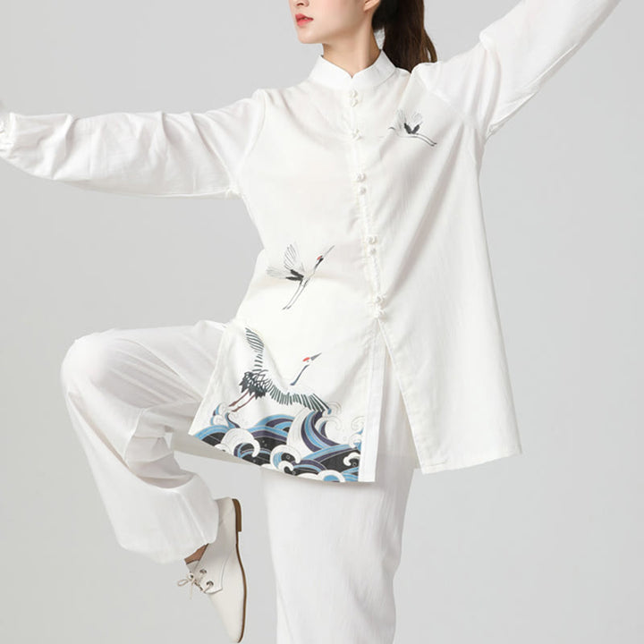 Buddha Stones Białe Żurawie Morze Bawełna Len Medytacja Modlitwa Duchowy Zen Tai Chi Qigong Praktyka Odzież Zestaw - image 4