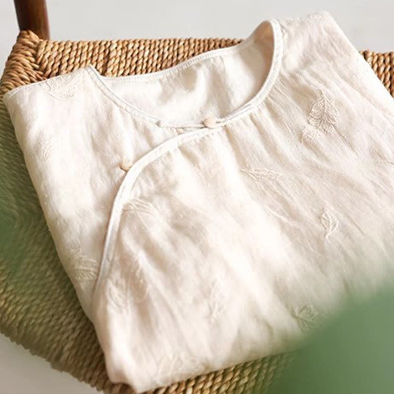 Buddha Stones Ramie Lniana Luźna Bluzka Z Krótkim Rękawem Koszula W Stylu Chińskim