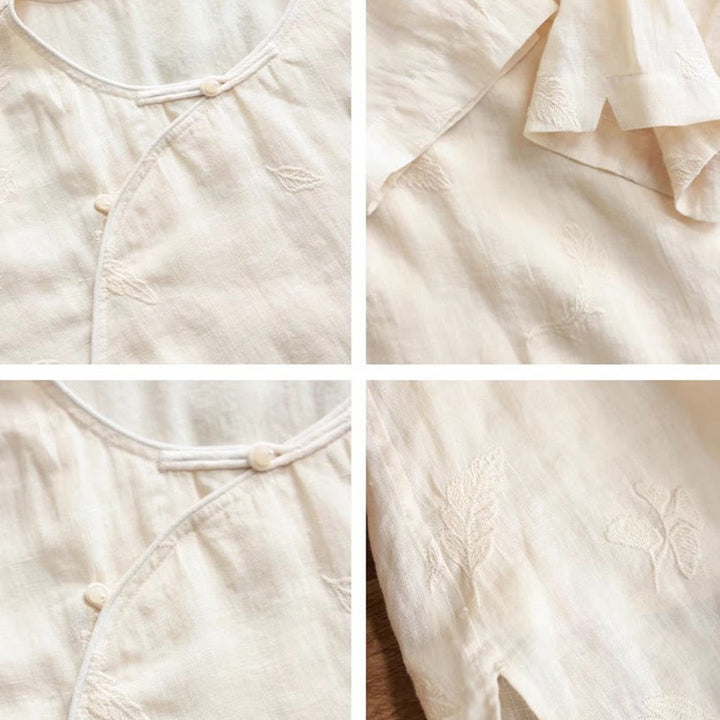 Buddha Stones Ramie Lniana Luźna Bluzka Z Krótkim Rękawem Koszula W Stylu Chińskim