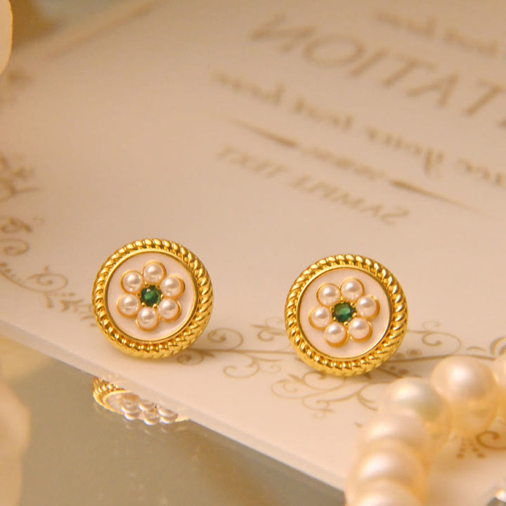 Kolczyki z Buddha Stones i kwiatami emaliowanymi - Biały - image 4