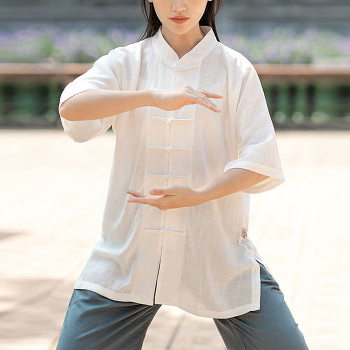 Buddha Stones Jednolity Kolor Żaba-Guzik Medytacja Modlitwa Duchowy Zen Tai Chi Qigong Praktyka Unisex Zestaw Ubrań - Tylko biały top dla kobiet - 2XL - image 0