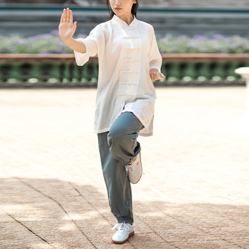 Buddha Stones Jednolity Kolor Żaba-Guzik Medytacja Modlitwa Duchowy Zen Tai Chi Qigong Praktyka Unisex Zestaw Ubrań - Damski top w kolorze białym i szaro-niebieskie spodnie - 2XL - image 3