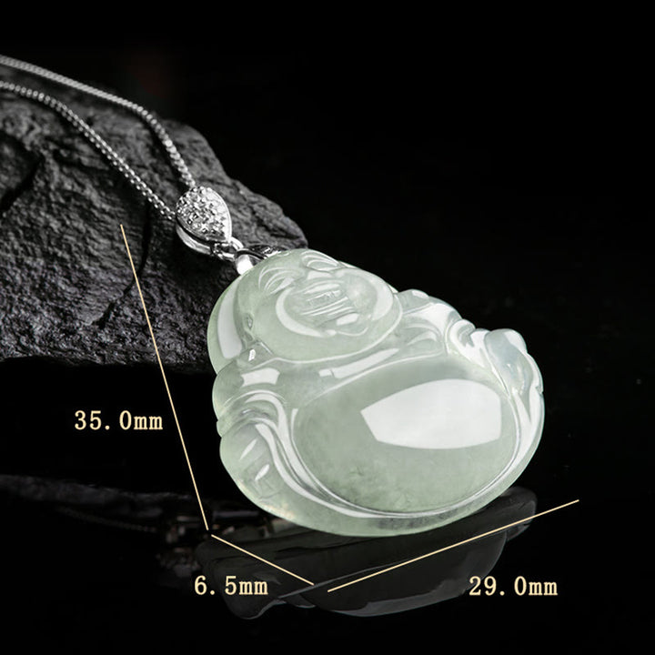 Buddha Stones 925 Srebro Sterling Naturalny Jadeit Śmiejący się Budda Dobrobyt Obfitość Naszyjnik Łańcuch Wisiorek
