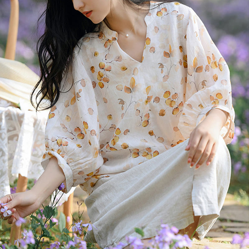 Buddha Stones Owoce Liście Wzór Latarnia Rękaw Luźna Koszulka T-shirt - image 11