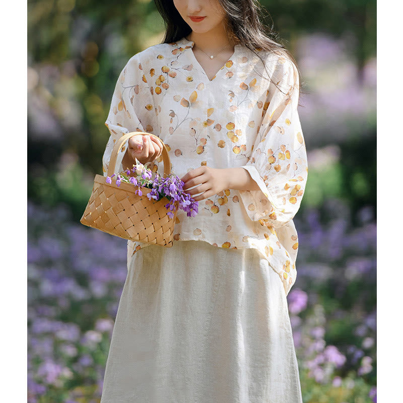 Buddha Stones Owoce Liście Wzór Latarnia Rękaw Luźna Koszulka T-shirt - image 12