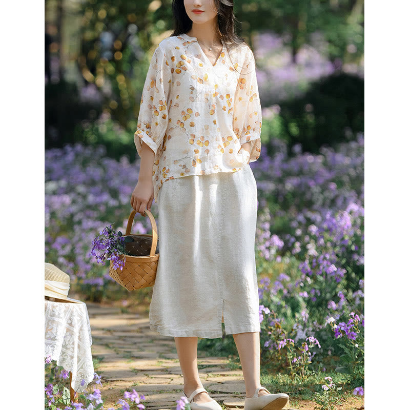 Buddha Stones Owoce Liście Wzór Latarnia Rękaw Luźna Koszulka T-shirt - image 13