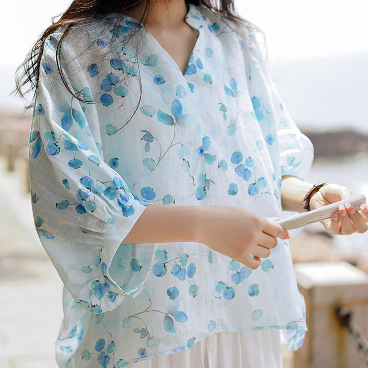 Buddha Stones Owoce Liście Wzór Latarnia Rękaw Luźna Koszulka T-shirt - image 3