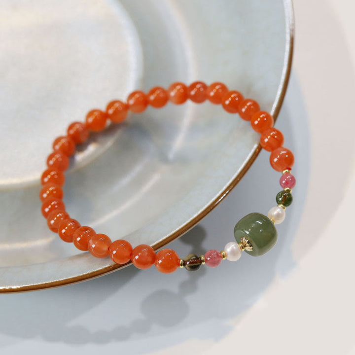 Buddha Stones Naturalny Czerwony Agat Hetian Jade Koralik Bransoletka Pewność Spokoju