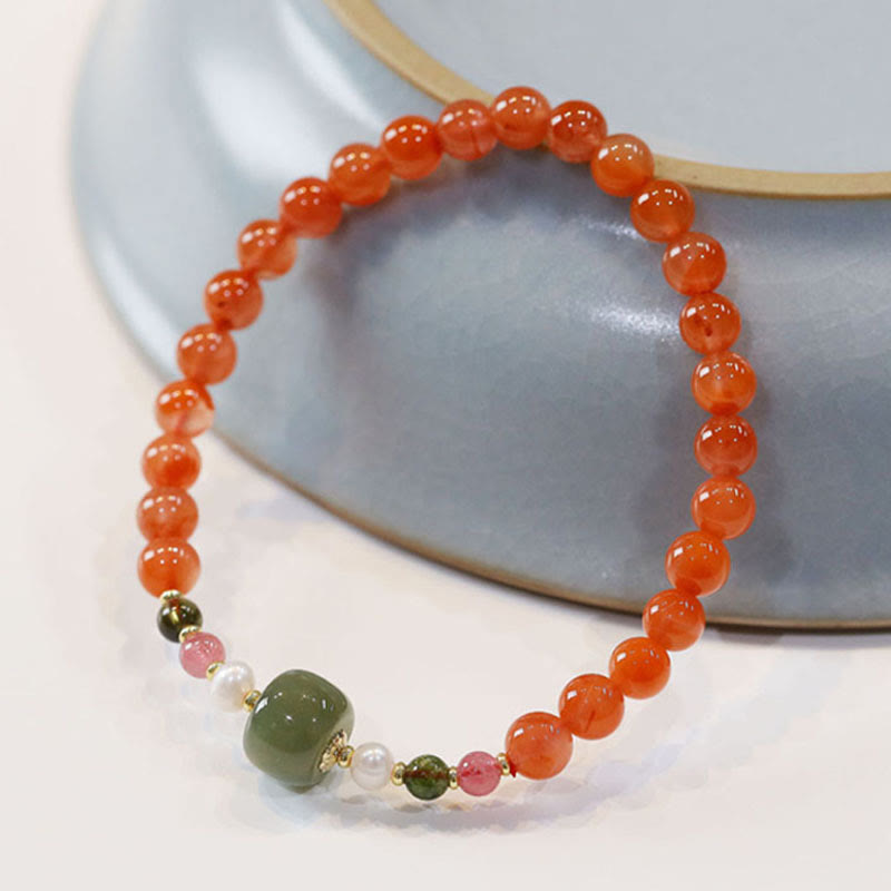 Buddha Stones Naturalny Czerwony Agat Hetian Jade Koralik Bransoletka Pewność Spokoju