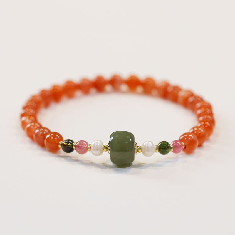 Buddha Stones Naturalny Czerwony Agat Hetian Jade Koralik Bransoletka Pewność Spokoju