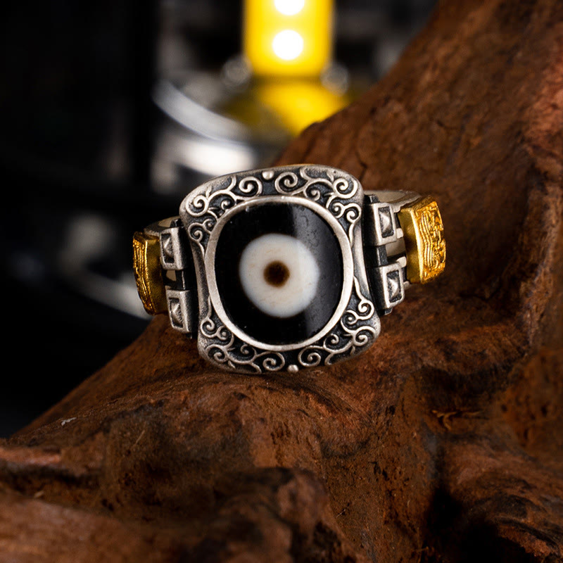 Buddha Stones 925 Srebro Sterlingowe Zakiram Bogini Bogactwa Projekt Dzi Bead Protection Ring