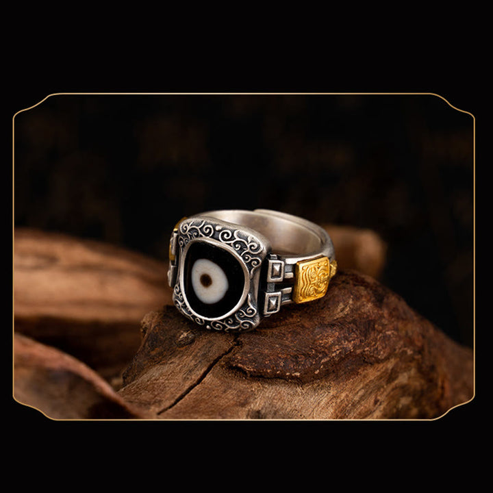 Buddha Stones 925 Srebro Sterlingowe Zakiram Bogini Bogactwa Projekt Dzi Bead Protection Ring