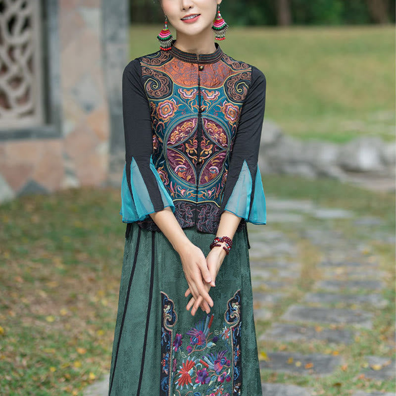 Buddha Stones w stylu vintage haftowane kwiaty Tang Suit Design bezrękawnik - image 10