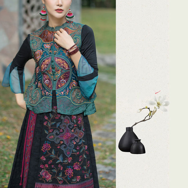 Buddha Stones w stylu vintage haftowane kwiaty Tang Suit Design bezrękawnik - image 7