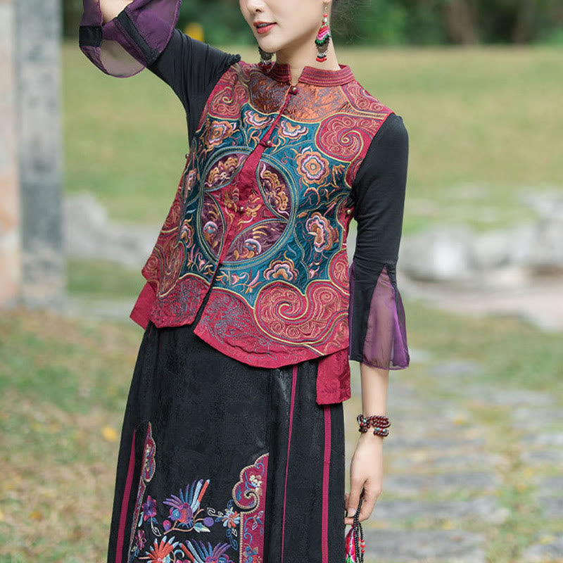 Buddha Stones w stylu vintage haftowane kwiaty Tang Suit Design bezrękawnik - Czerwony (tylko kamizelka) - 2XL(biust 100 cm/ramiona 40 cm/długość 59 cm) - image 17