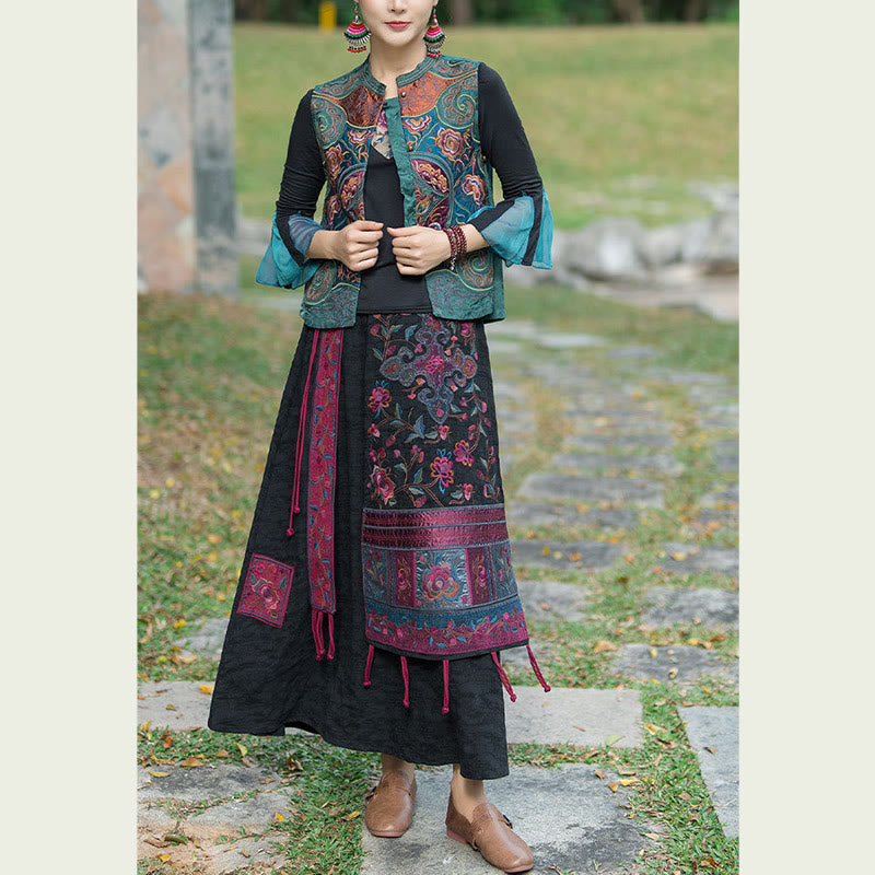 Buddha Stones w stylu vintage haftowane kwiaty Tang Suit Design bezrękawnik - image 4