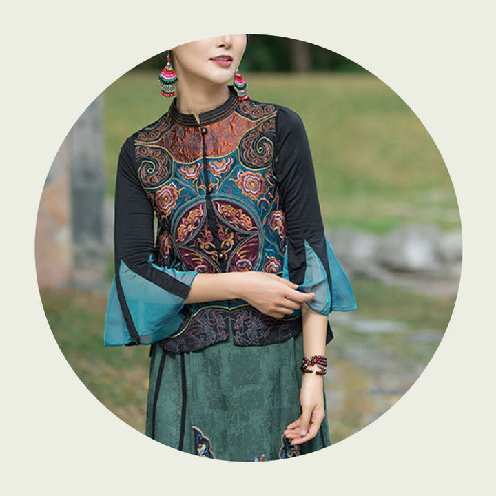 Buddha Stones w stylu vintage haftowane kwiaty Tang Suit Design bezrękawnik - image 16