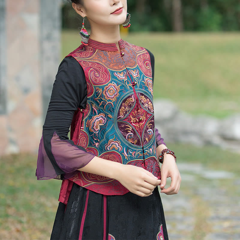 Buddha Stones w stylu vintage haftowane kwiaty Tang Suit Design bezrękawnik - image 18