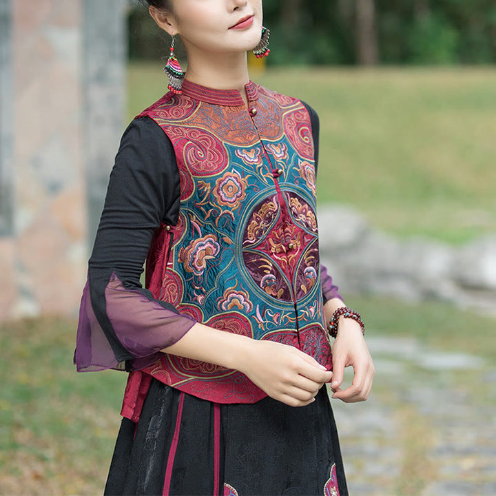 Buddha Stones w stylu vintage haftowane kwiaty Tang Suit Design bezrękawnik - image 18