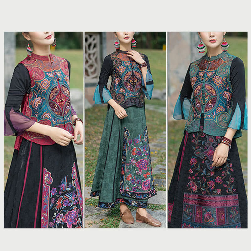 Buddha Stones w stylu vintage haftowane kwiaty Tang Suit Design bezrękawnik - image 29