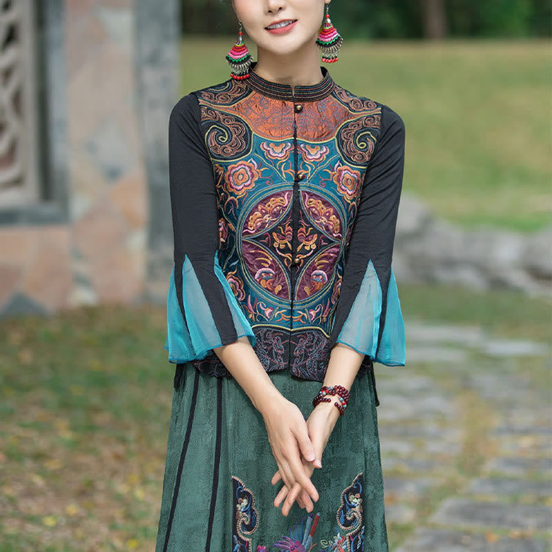 Buddha Stones w stylu vintage haftowane kwiaty Tang Suit Design bezrękawnik - Czarny (tylko kamizelka) - 2XL(biust 100 cm/ramiona 40 cm/długość 59 cm) - image 9