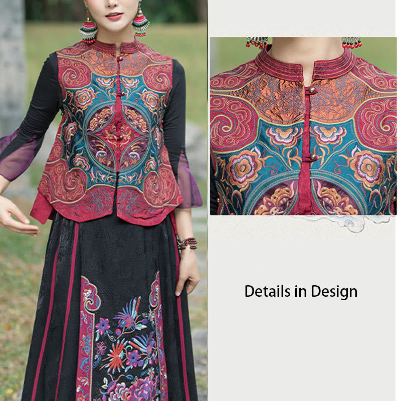 Buddha Stones w stylu vintage haftowane kwiaty Tang Suit Design bezrękawnik - image 25