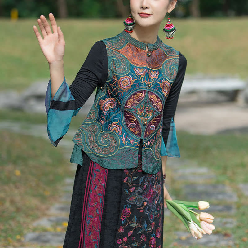 Buddha Stones w stylu vintage haftowane kwiaty Tang Suit Design bezrękawnik - image 5